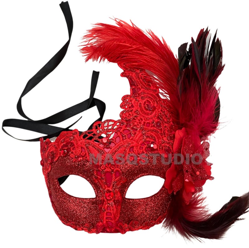 MasqStudio Brocade Lace Masquerade Ball Mask Burlesque Mardi Gras Birthday Prom Wedding Party (Red) - Image 3